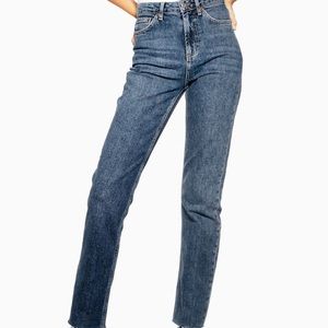 Topshop Mid Blue Raw Hem Straight Jeans
